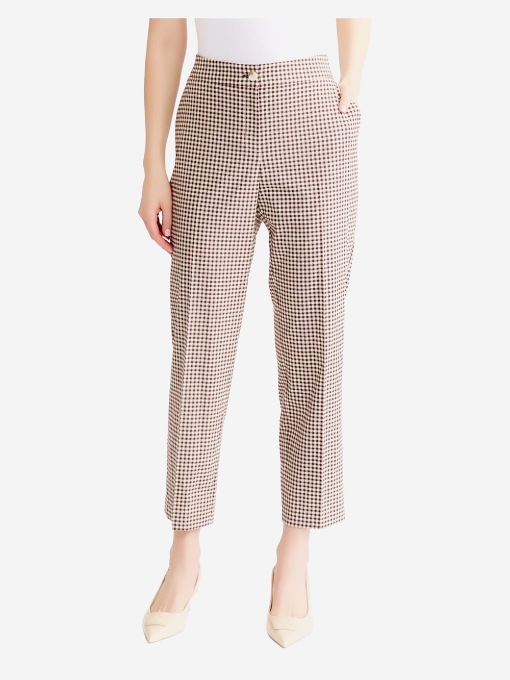 100% silk vintage Focus 2000 Brown & White Checkered Cropped Straight-Leg Pants